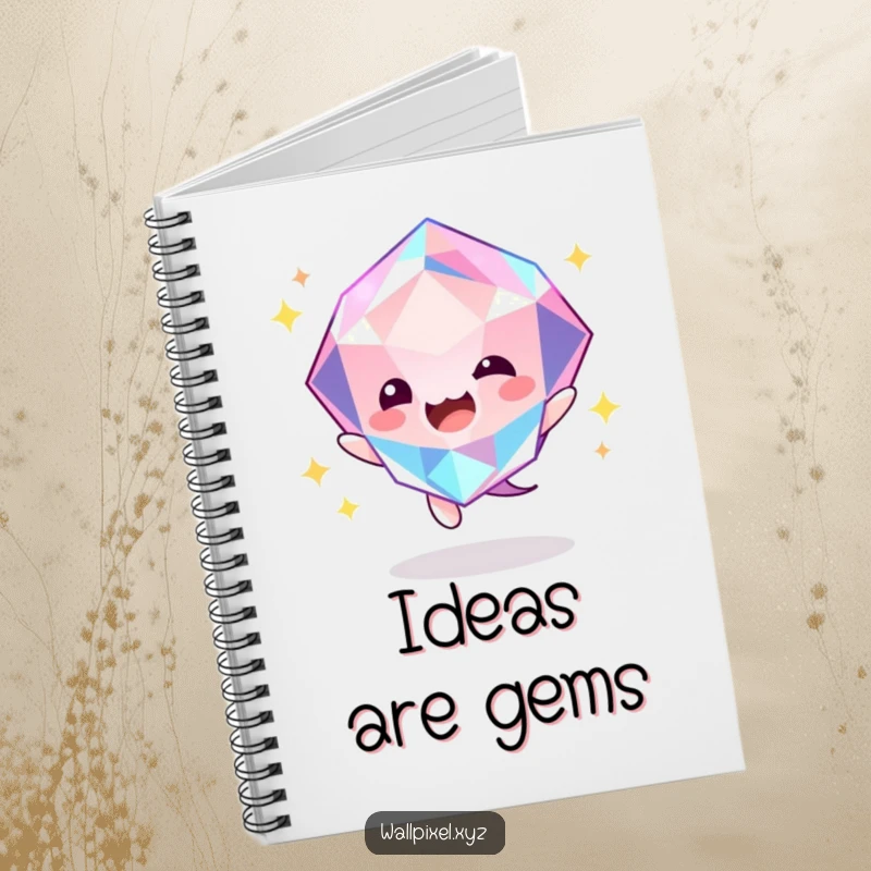 Funny gem bounce notebook with a faceted gem character energetically bouncing and glowing, perfect for journaling.