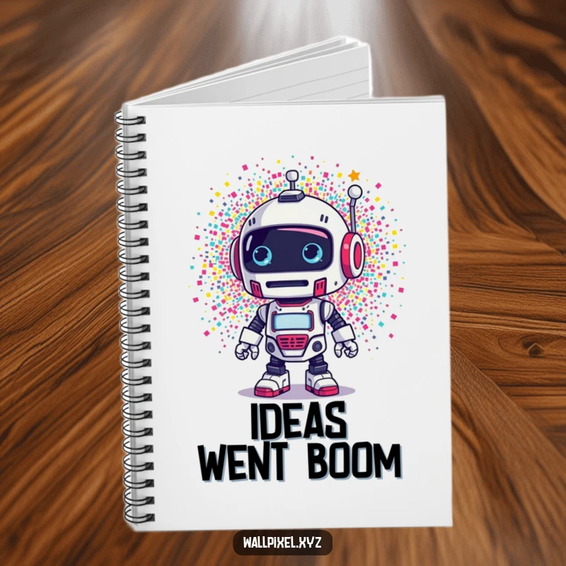 Funny notebook: A retro robot is surprised by a vibrant explosion of pixels, a humorous journal for notes.