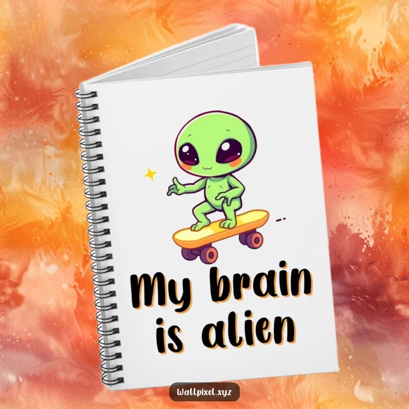 Funny pixel alien winking on a block skateboard, retro gaming notebook for journaling, humorous stationery.