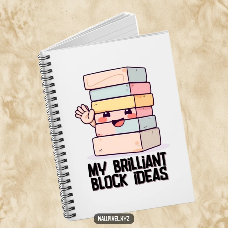 Funny notebook cover art showing a smiling stack of blocks waving hello, perfect for capturing notes with a humorous touch.