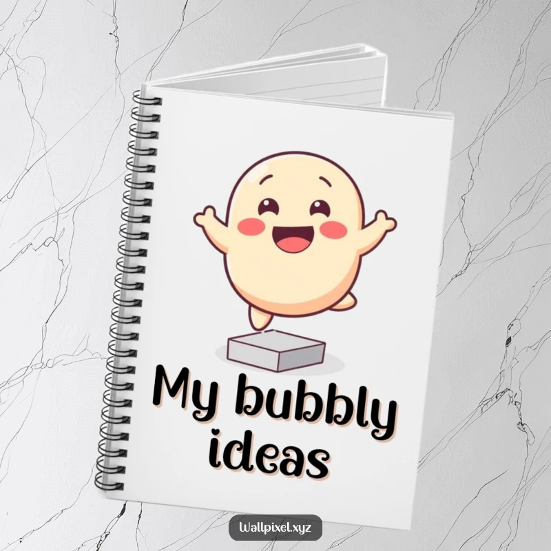 Funny pixelated blob notebook, smiling and bouncing happily on square pixels, perfect for cheerful note-taking.