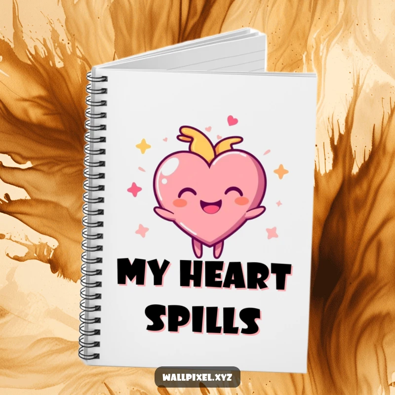 Funny pixel heart notebook with a joyful character pulsing rhythmically, perfect for journaling with pixelated love.