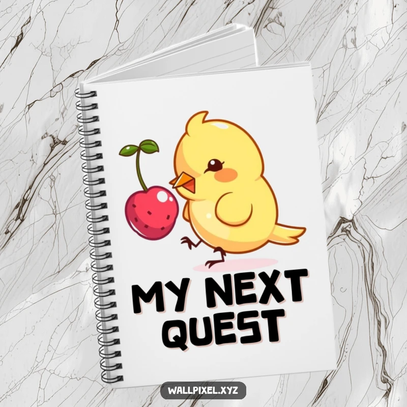 Funny notebook with a pixel art design of a small, angular bird character playfully pecking at a floating pixelated berry.