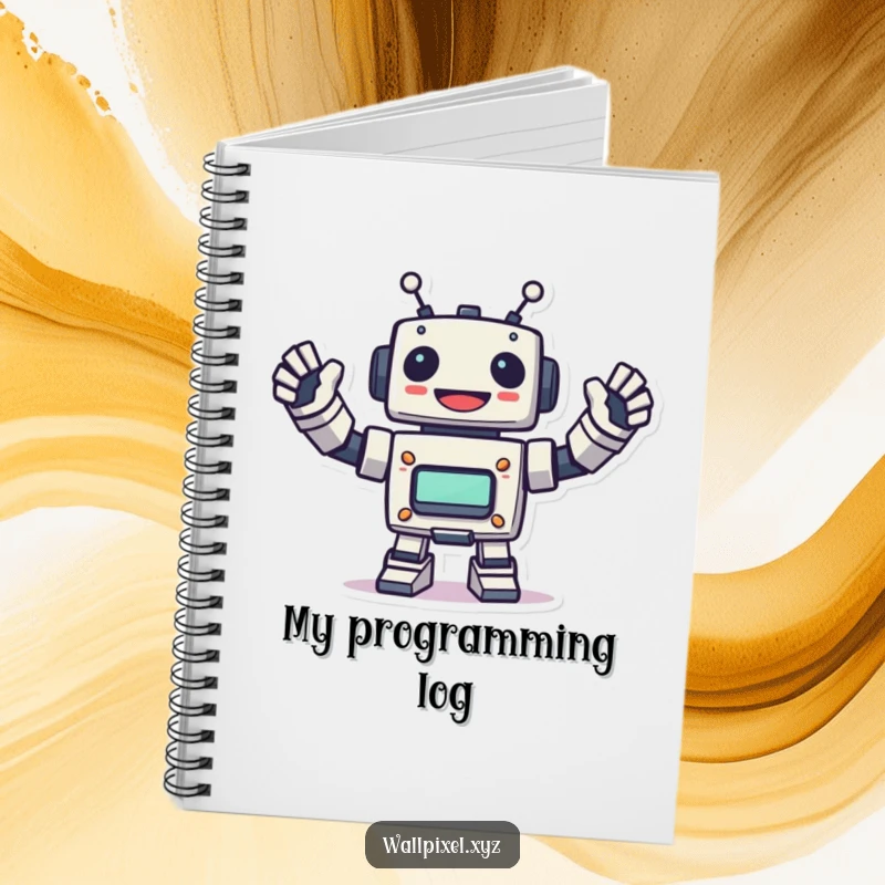 Funny pixel robot notebook with a robot waving energetically, designed for noting down tech plans and creative thoughts.