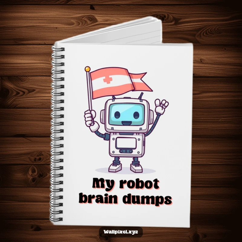 Funny square robot character waving a pixelated flag, ready to jot down notes on a notebook cover.