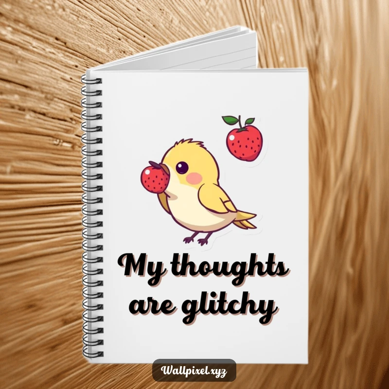Funny pixel art notebook cover featuring a small, angular bird character pecking at a floating pixelated berry, ideal for retro gaming fans' notes.