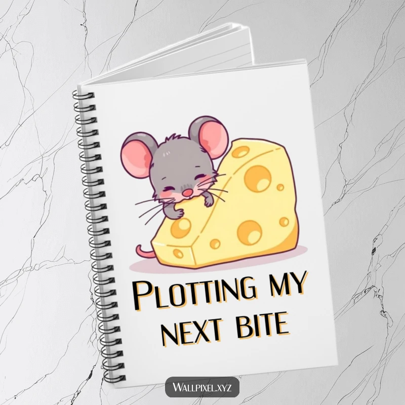 Funny notebook cover displaying a pixel art mouse enthusiastically nibbling a massive, blocky cheese, evoking a humorous retro gaming aesthetic.