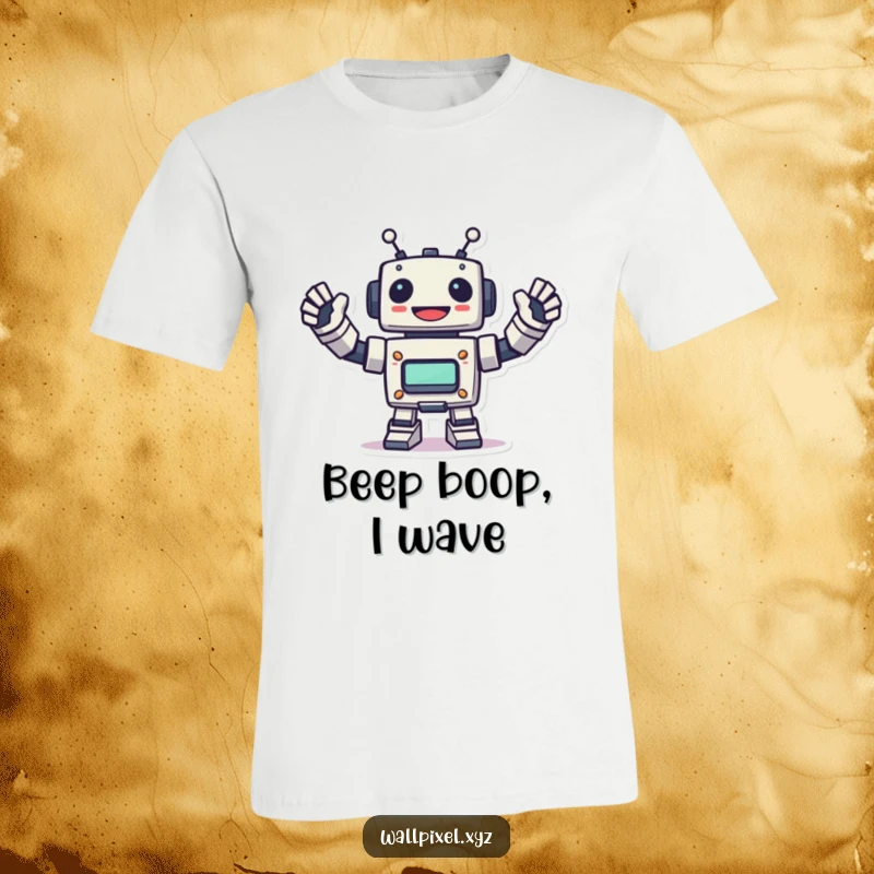 Funny pixelated robot t-shirt featuring a cheerful robot energetically waving its blocky arms, embodying retro futurism and pixel art.
