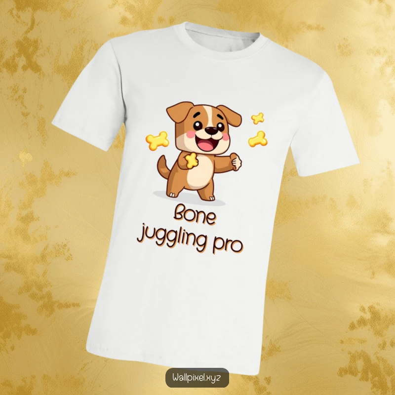 Funny Pixel Art T-Shirt: A charming blocky dog character in vintage video game style, joyfully juggling luminous pixel bones. A cool gift.