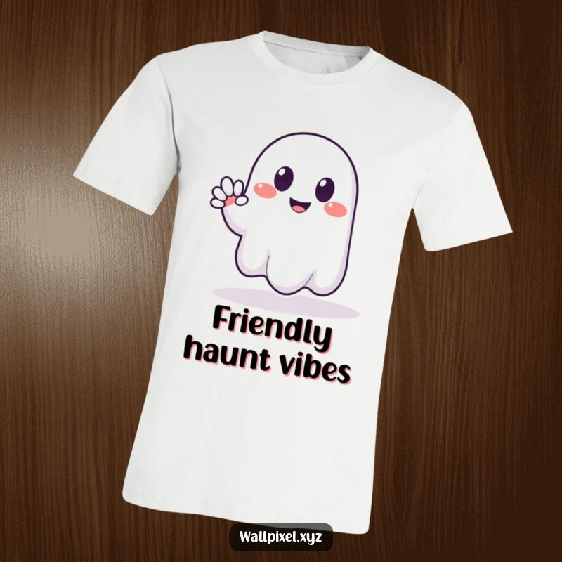 Funny t-shirt featuring a blocky, pixelated ghost smiling and waving in a friendly, approachable manner, perfect for cute Halloween vibes.