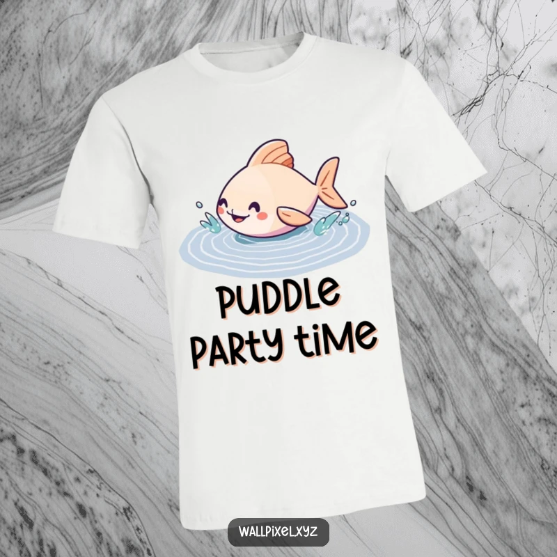 Funny t-shirt featuring a geometric fish character joyfully splashing in a pixelated puddle, showcasing abstract art and happy vibes.
