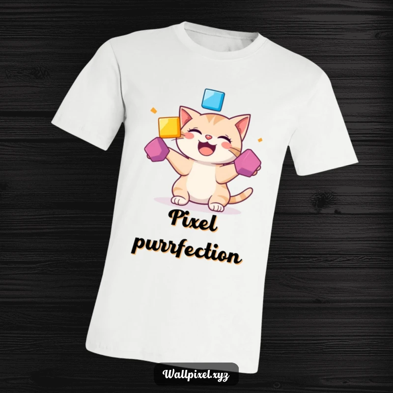 Funny t-shirt print of a delighted pixelated cat giggling while juggling three vibrant, bouncing squares.