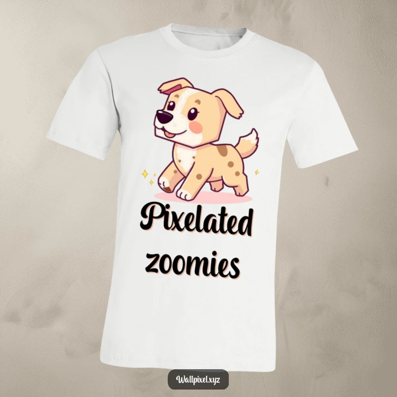 Funny t-shirt print of a blocky, pixelated dog joyfully chasing its tail, leaving a sparkling pixelated trail.