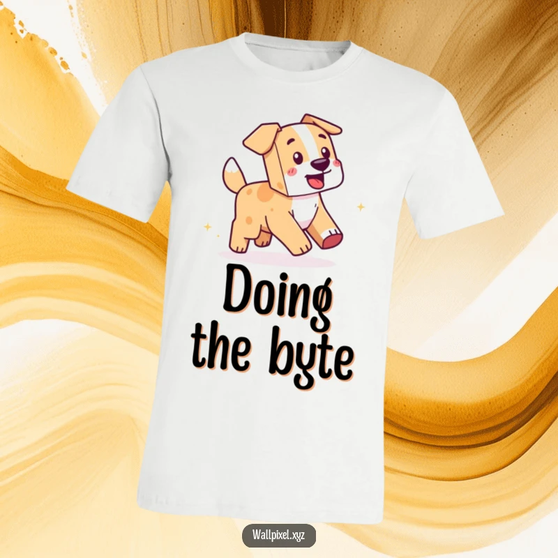 Funny Pixel Dog T-Shirt: A graphic tee depicting a blocky dog in pursuit of its own pixelated tail, sparkling with digital energy.