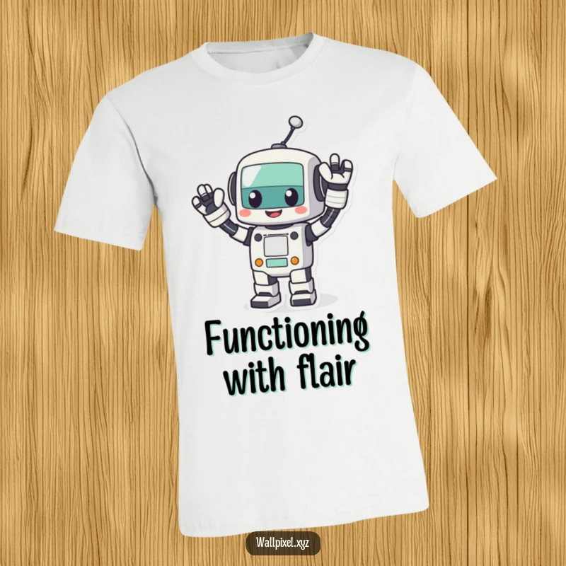 Funny pixel robot t-shirt, a cheerful blocky robot waving its arms energetically, symbolizing retro tech and friendly greetings.