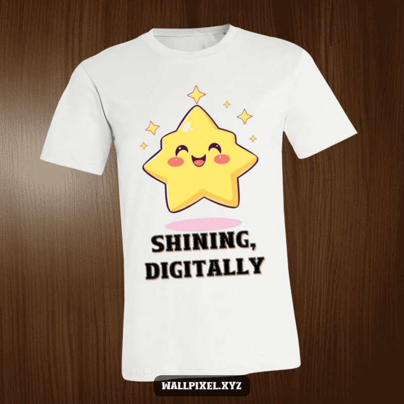 Funny pixel star t-shirt featuring a smiling, retro character twinkling rhythmically, perfect for gamers and fans of pixel art.
