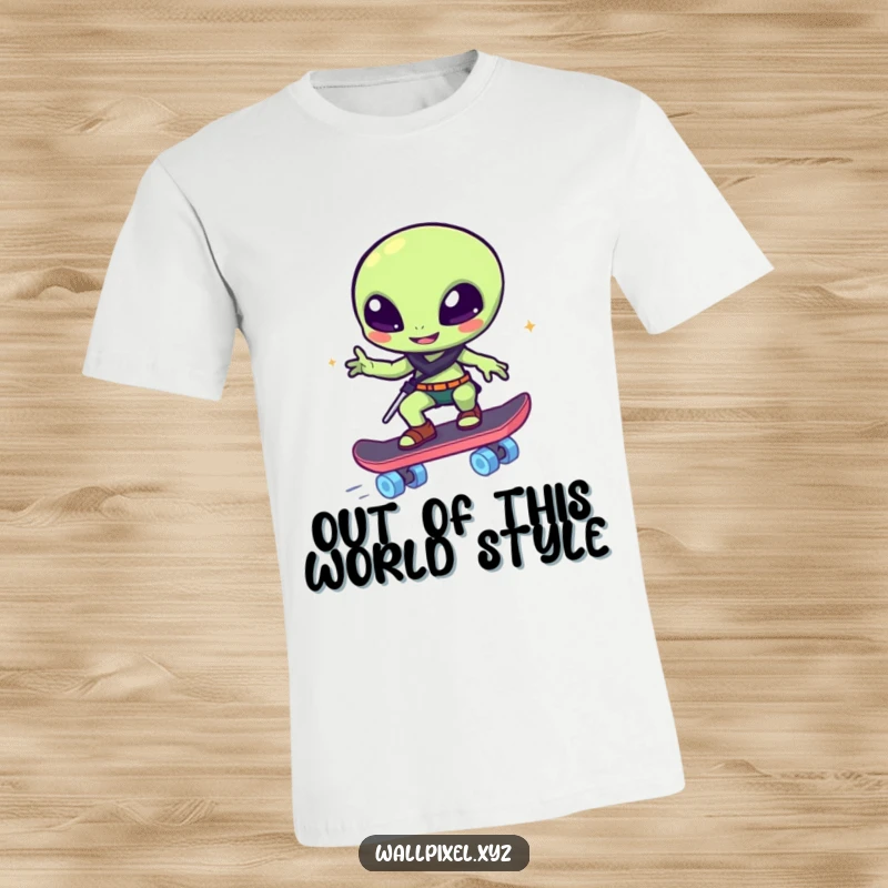 Funny t-shirt: A winking pixelated alien masterfully rides a skateboard made of bright, glowing blocks, humorous sci-fi apparel.