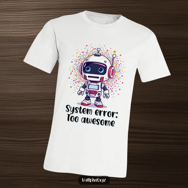 Funny t-shirt: A retro robot is startled by a vibrant explosion of tiny pixels, a humorous tech-themed design.