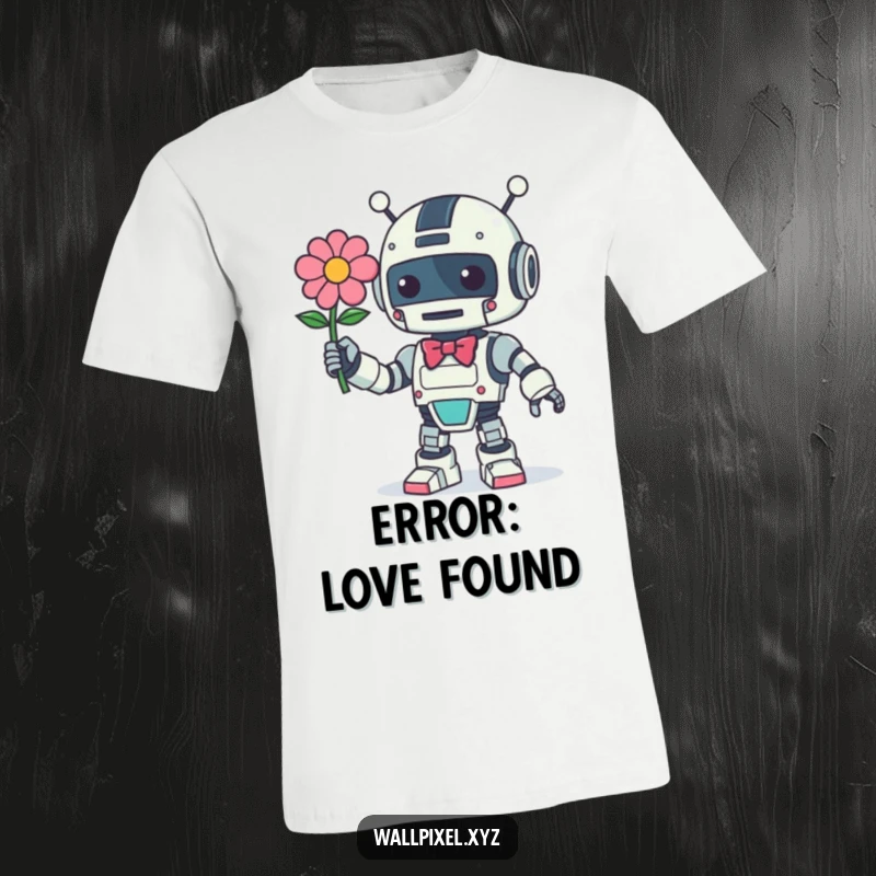 Funny Retro Robot T-Shirt: A charming vintage robot with a bow presents a glowing pixelated flower, a unique geeky design.