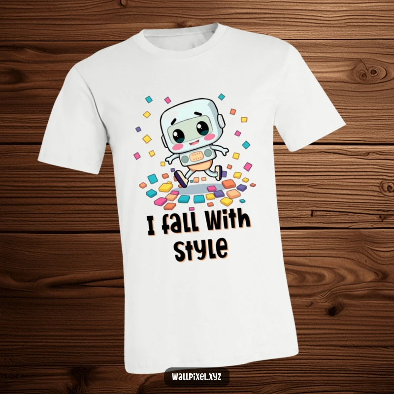 Funny t-shirt with a retro character awkwardly tripping, scattering colorful squares, a humorous depiction of a mishap.