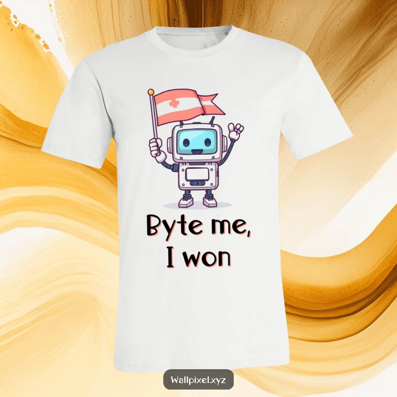 Funny square robot character triumphantly waving a pixelated flag, looking joyful, printed on a t-shirt.