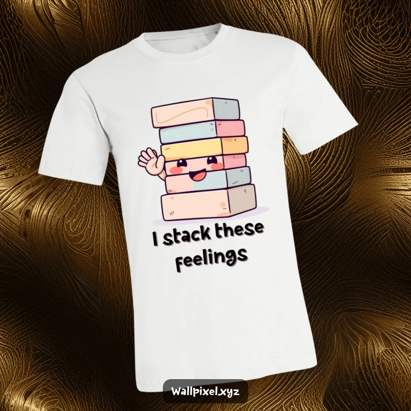 Funny t-shirt with a vibrant print of a smiling stack of blocks enthusiastically waving, symbolizing fun and happiness.