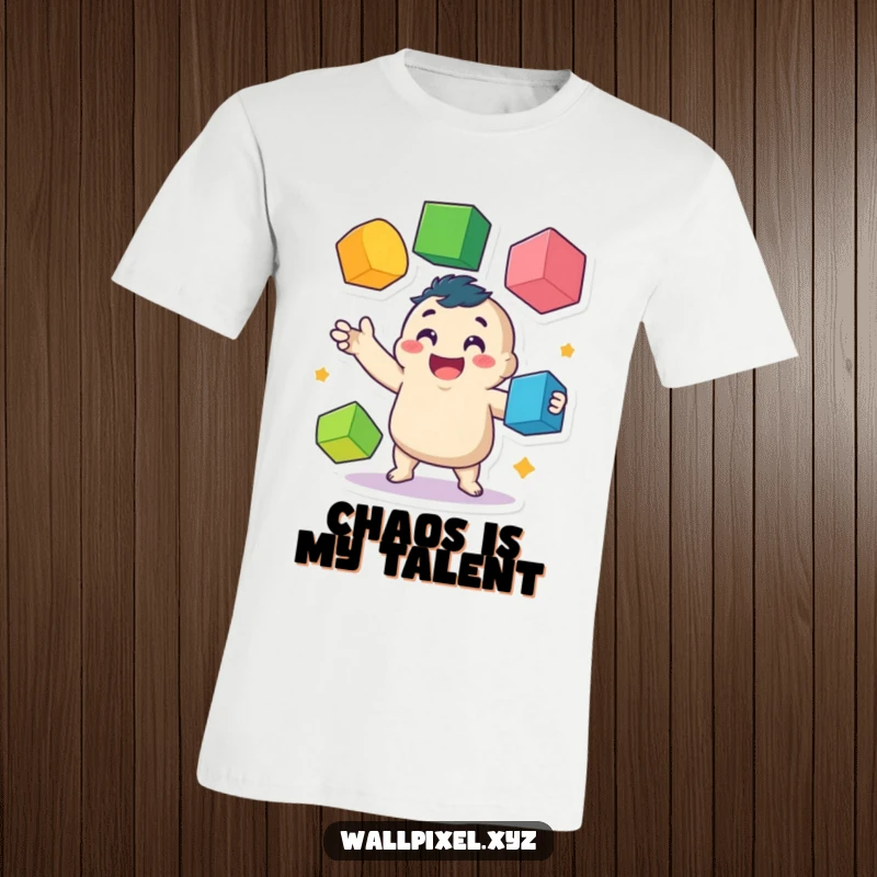 Funny t-shirt print of a happy, unstable pixel character energetically juggling a vibrant array of colorful cubes with a big smile.