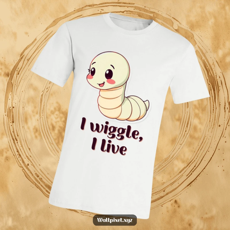 Funny t-shirt featuring a segmented worm wiggling playfully with a happy expression, showcasing movement and cheerful personality.