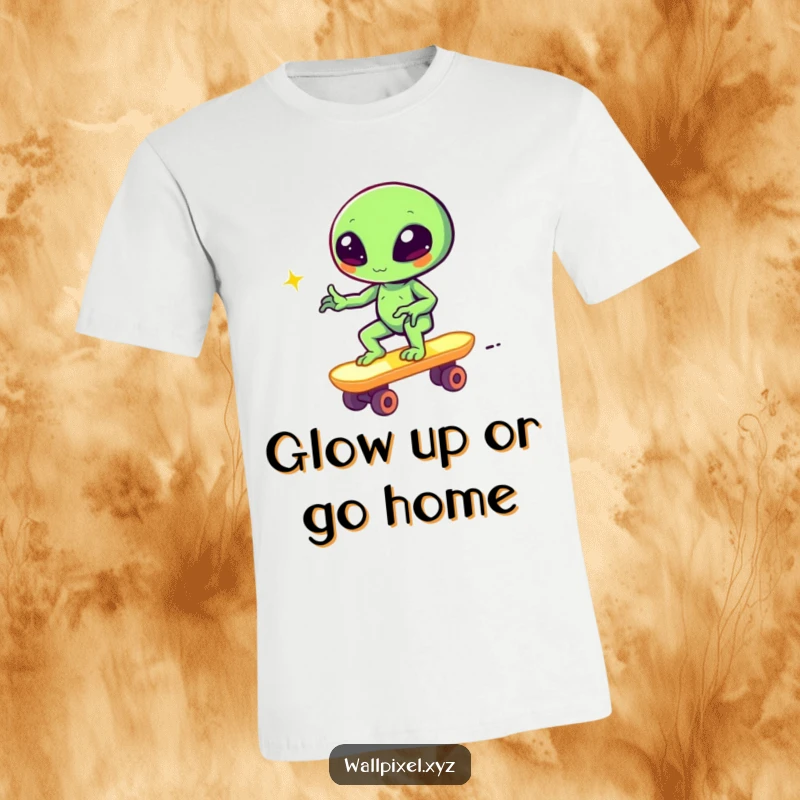 Funny pixel alien winking on a retro block skateboard, humorous gamer t-shirt, vibrant and nostalgic.