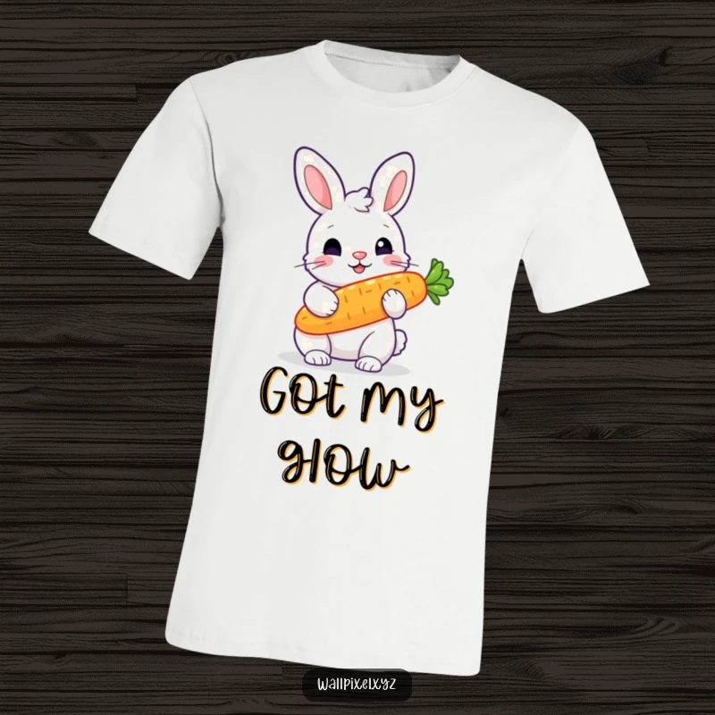 Funny t-shirt showcasing a chunky, pixelated rabbit holding a brightly glowing pixelated carrot, embodying retro gaming fun.