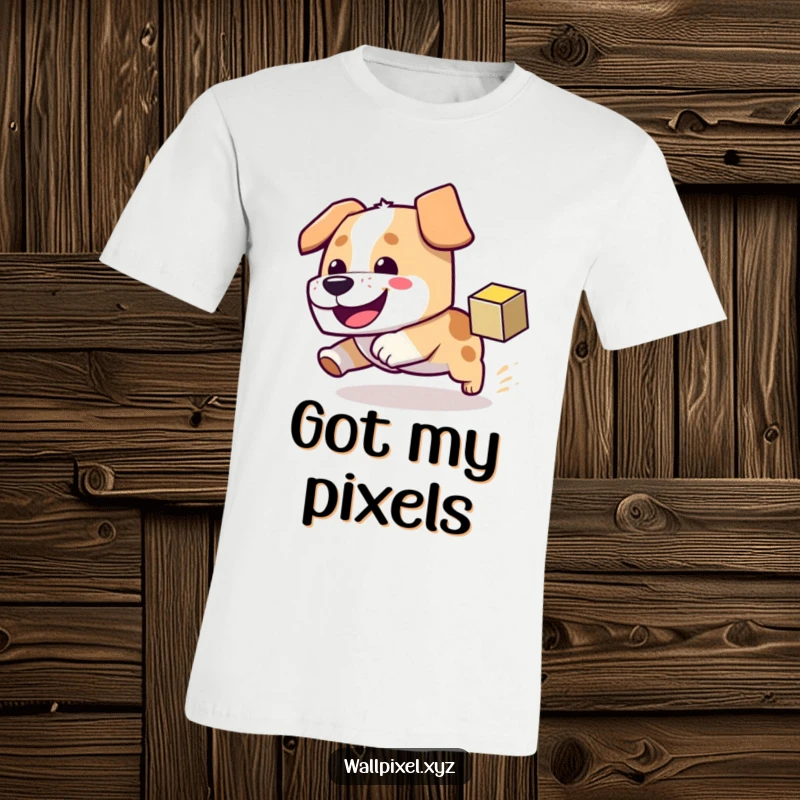 Funny block dog t-shirt featuring a happy dog excitedly chasing a bouncing pixel cube, embodying playful pursuit and pixelation.