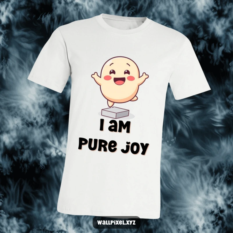 Funny pixelated blob t-shirt, smiling and bouncing happily on square pixels, ideal for expressing joy and positivity.
