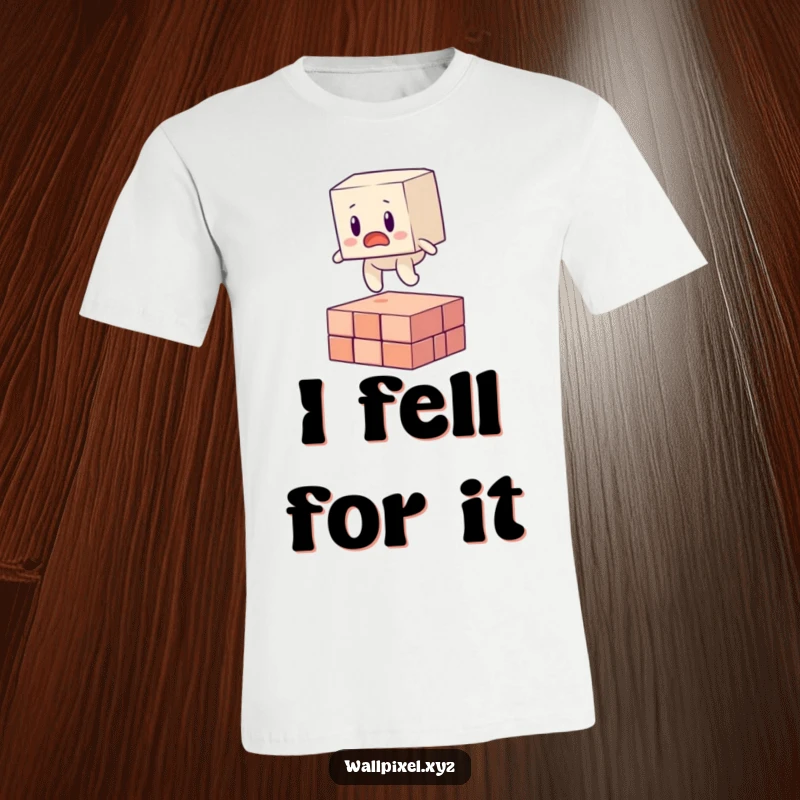 Funny t-shirt with a surprised, blocky character caught mid-trip over a floating pixel, perfect for meme lovers.