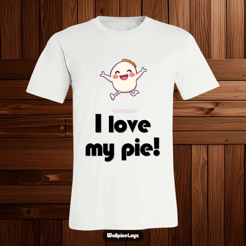 Funny t-shirt featuring a cheerful pixel character jumping with a pixelated pie, celebrating retro gaming and treats.