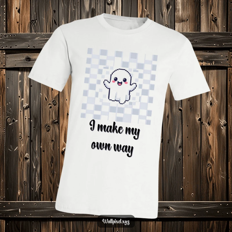 Funny pixelated ghost t-shirt, joyfully phasing through a checkerboard wall, a must-have for retro gamers.