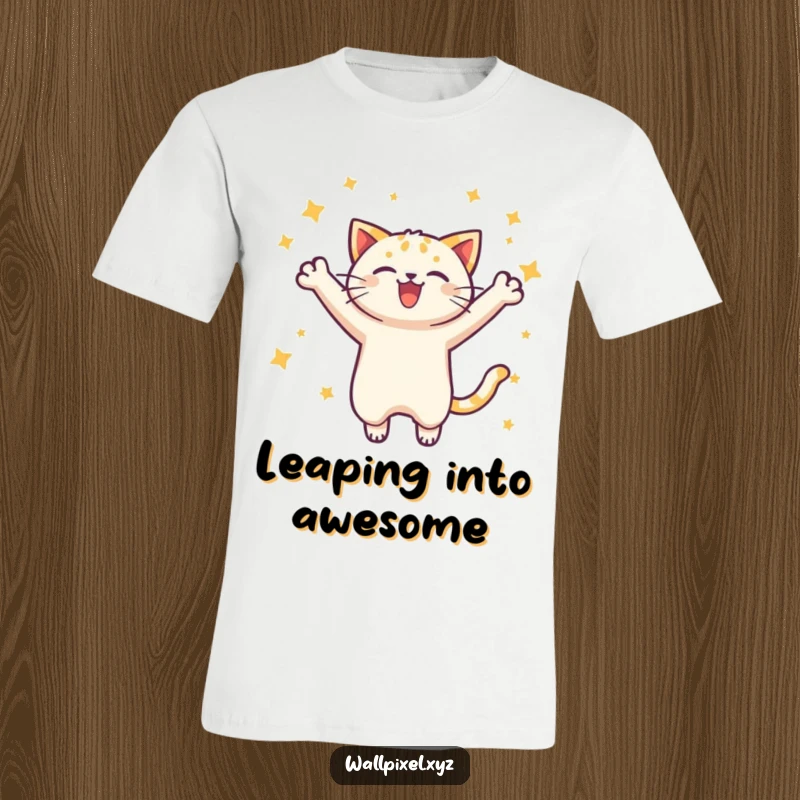 Funny pixelated cat t-shirt featuring a joyful leap with outstretched arms and surrounding stars, evoking retro gaming fun.