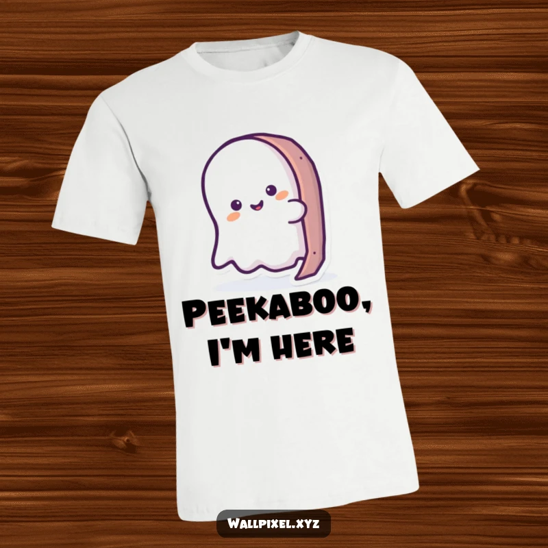Funny ghost t-shirt featuring a cute ghost peeking from a pixelated object, capturing retro gaming charm. Great for enthusiasts.