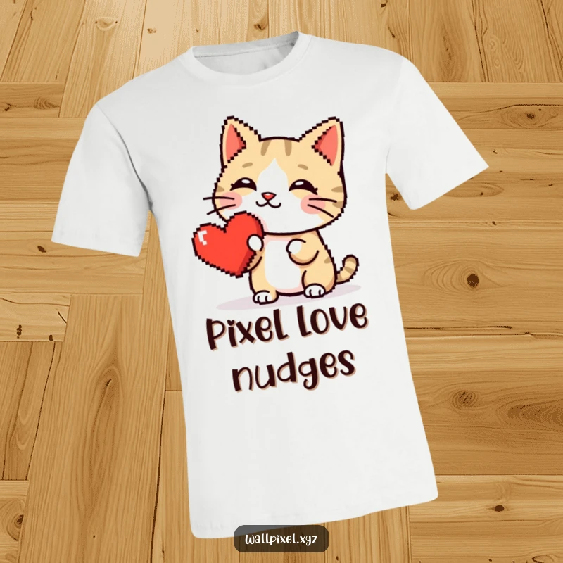 Funny t-shirt featuring a cute pixelated cat with a determined look, booping a bright red pixel heart with its snout.