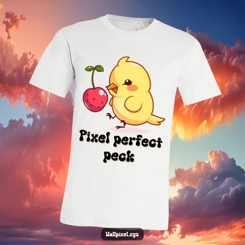 Funny t-shirt featuring a small, angular bird character in pixel art style, playfully pecking at a floating digital berry.
