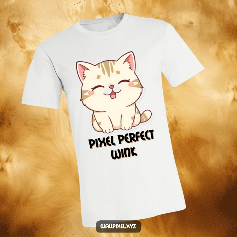 Funny t-shirt depicting a chunky, pixelated cat winking with a missing tooth, embodying a cool, retro, and slightly rogue character.