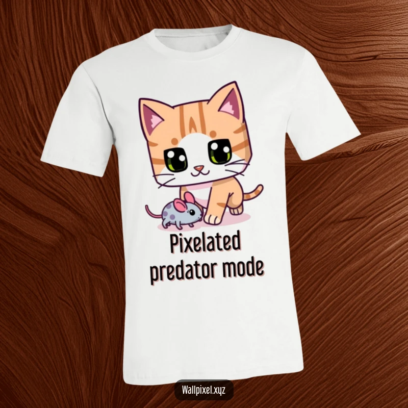 Funny blocky cat t-shirt, with exaggerated pixel eyes, chasing a pixelated mouse, ideal for playful characters.