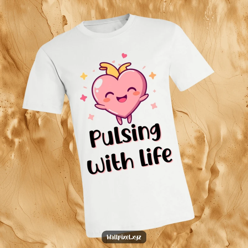 Funny pixel heart t-shirt featuring a joyful character pulsing rhythmically, symbolizing love and pixelated happiness.