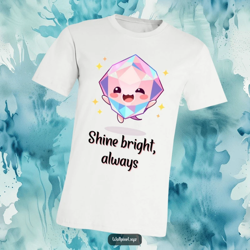 Funny gem bounce t-shirt showing a faceted gem character leaping energetically with a happy, glowing aura. Vibrant apparel.