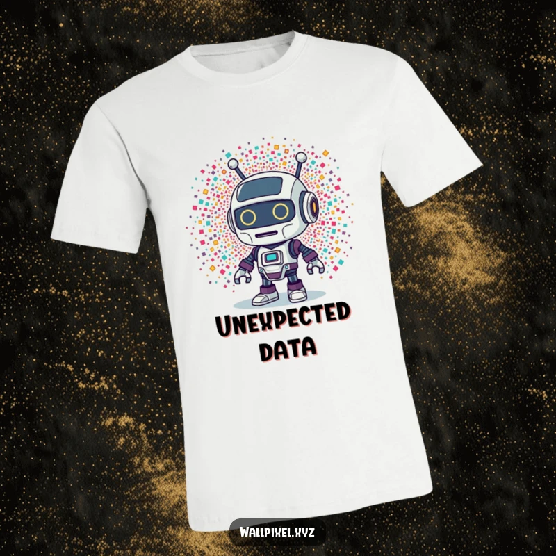 Funny Retro Robot T-Shirt: A graphic tee showing a retro robot character reacting with surprise to an explosion of colorful pixels.