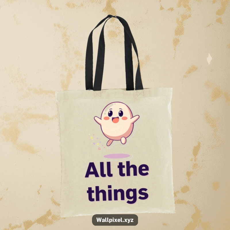 Funny tote bag showcasing a pixelated blob character mid-bounce, emitting a vibrant trail of colorful pixels, pure joy.
