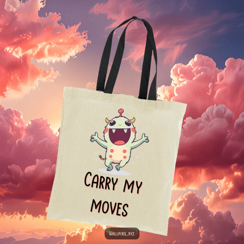 Funny tote bag showing an excited pixel monster dancing with tiny blocky arms flailing, a great accessory for fun-lovers.