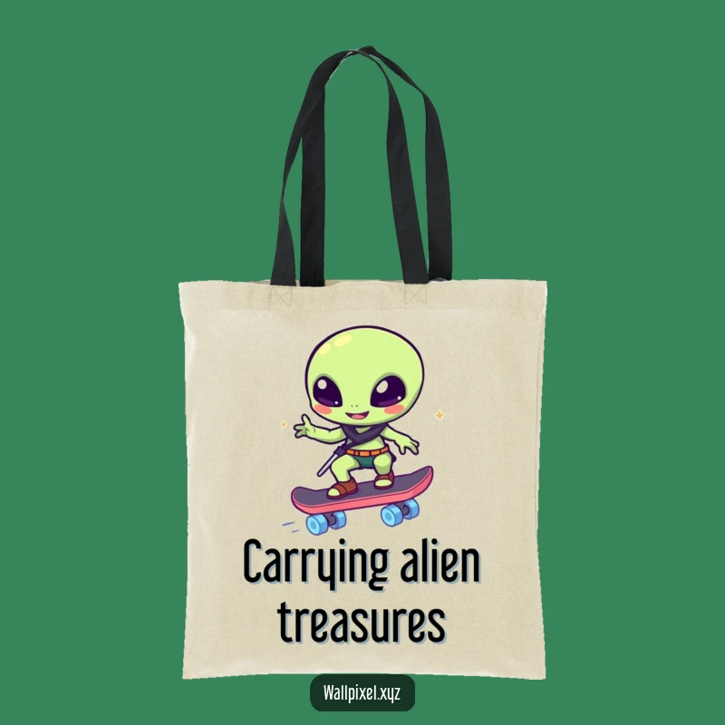 Funny Pixelated Alien Skater Tote Bag - Carry Your Style with Sci-Fi Humor Gift!