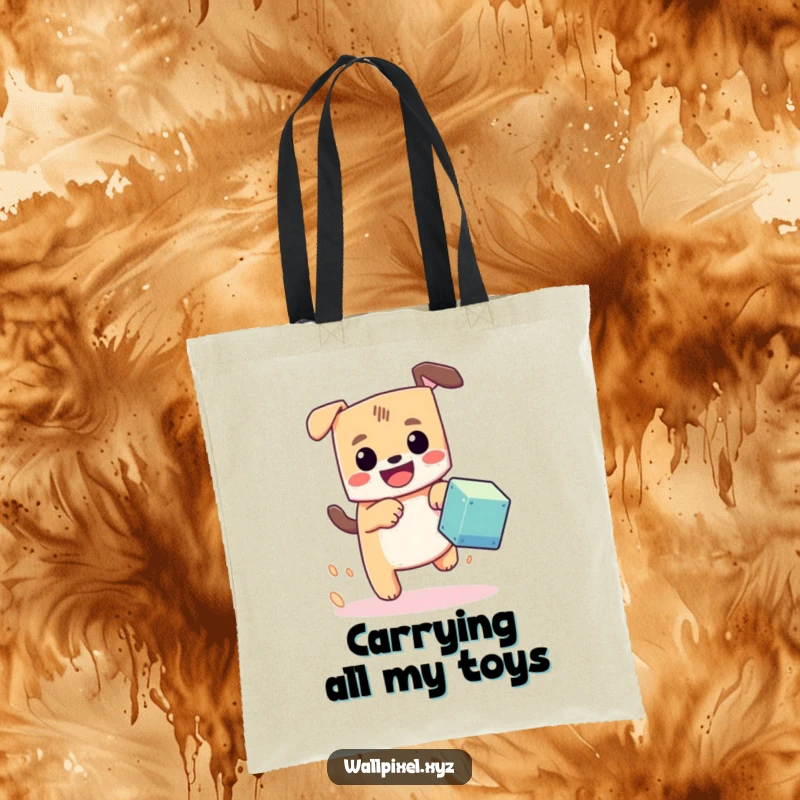 Funny pixel dog tote bag, a blocky dog with a happy grin chasing a pixel cube, perfect for carrying essentials with retro flair.