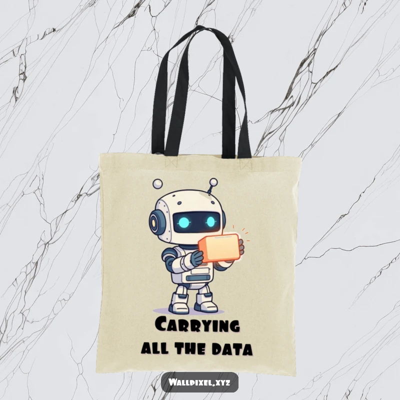 Funny tote bag print of a smiling, pixelated robot offering a vibrant glowing cube, symbolizing hidden wonders and everyday utility.