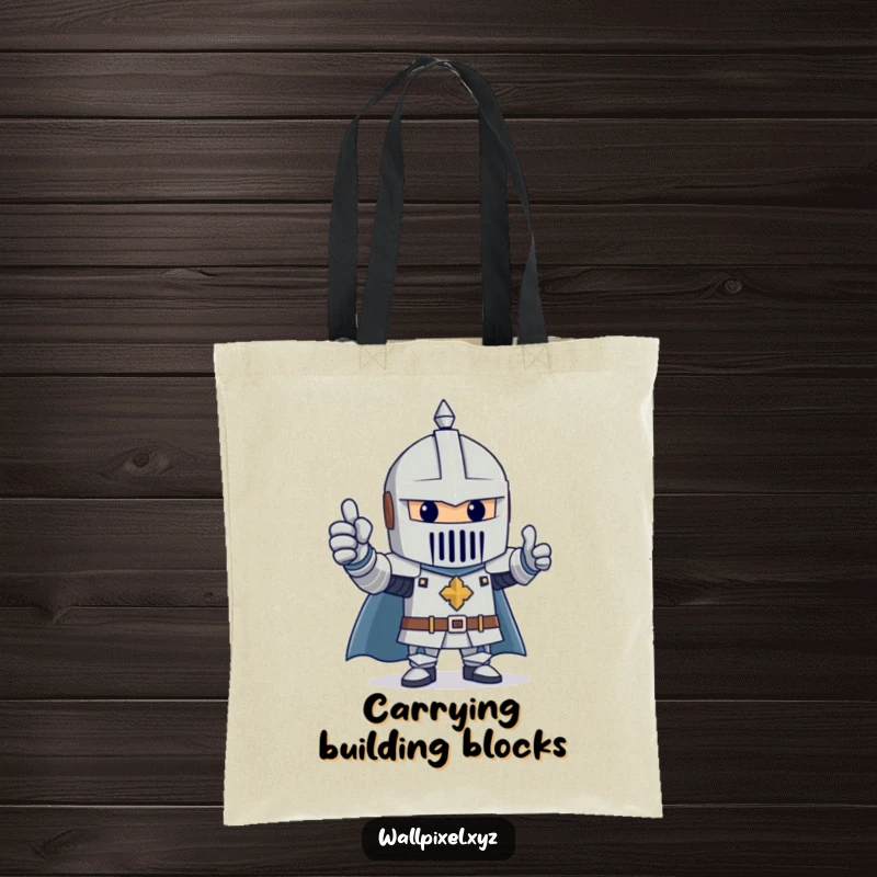 Funny tote bag depicting a cheerful knight made of blocks, giving a solid thumbs up, a heroic and fun accessory.